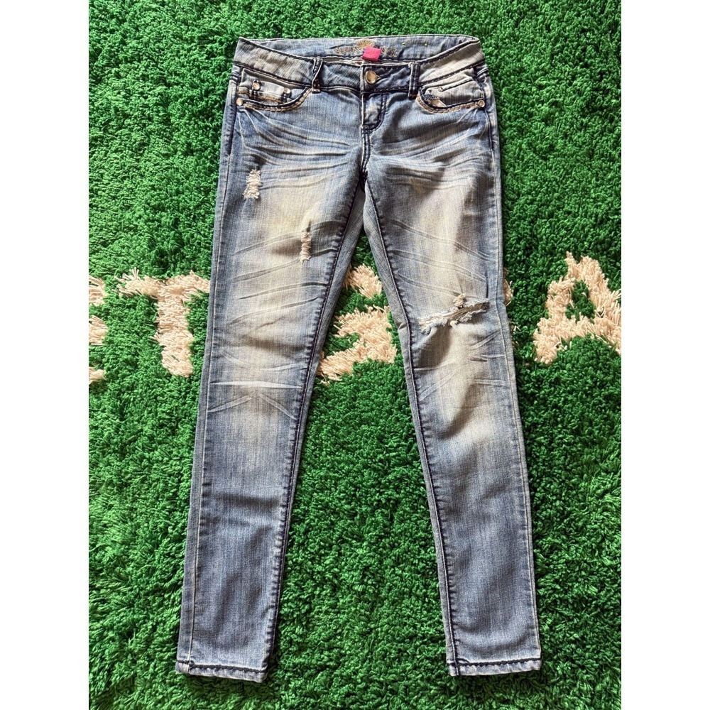 Almost Famous Junior Girls Distressed Blue Denim Jeans Rhinestone Pockets Size 5